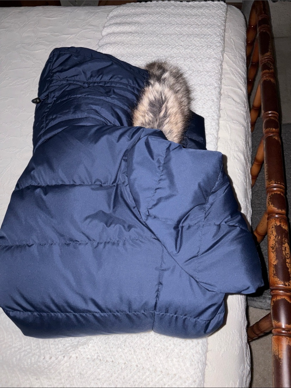 Lands' End Navy womens Quilted Puffer Coat with Faux Fur Trim, calf length